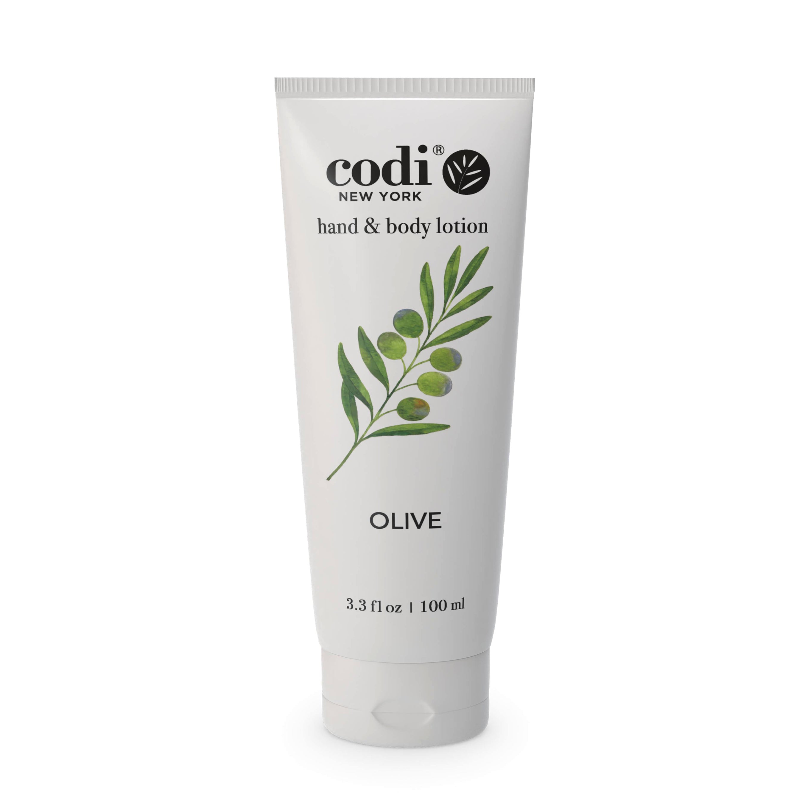 Codi New York olive hand and body lotion tube on a white background